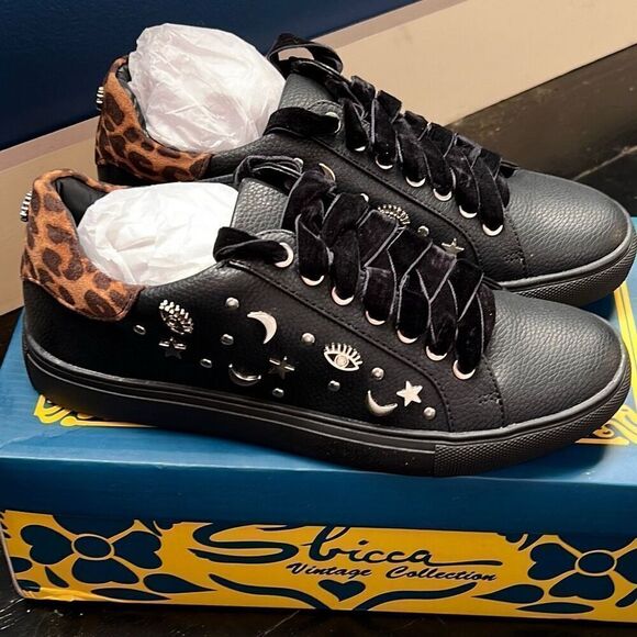 Sbicca Clark Black Leopard Sneakers Embellished w/Stars Moons - Size 7.5 NIB - Picture 2 of 8
